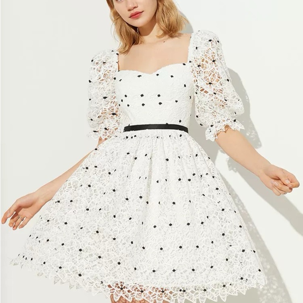 Selfpotrait Style White Lace Puff-Sleeve Fit & Flare Dress